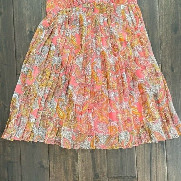 H&M Boho Peach Paisley Sleeveless Low V-Neck Pleated Midi Dress 6 - Picture 2 of 8